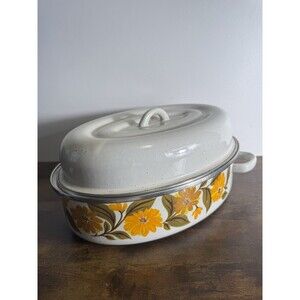 Vintage Enamel Roaster Pan Lid Floral Orange Retro Kitchen Oval Roasting Pan